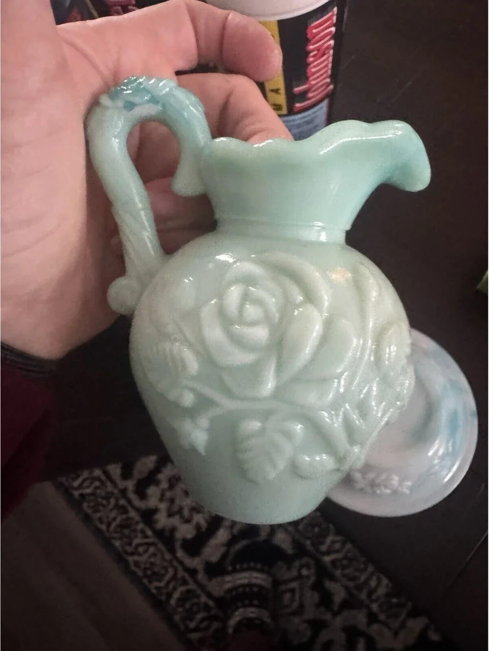 Avon Green Swirl Milk Glass Rose Mini Bowl and Pitcher Set. No chips [COPY]